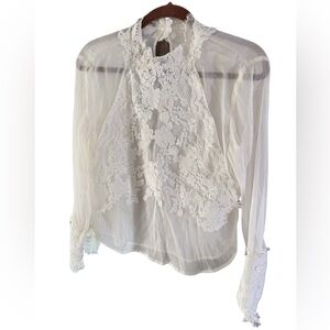 Vintage GA seasons white Lace Sheer blouse ruffled high neck Top size small